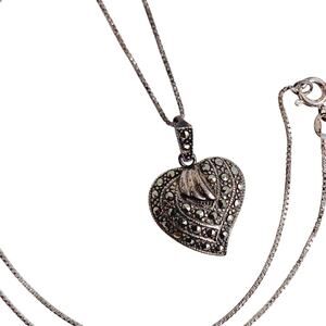 VTG Sterling Silver Marcasite Heart Pendant Necklace 925 Art Deco Style Delicate